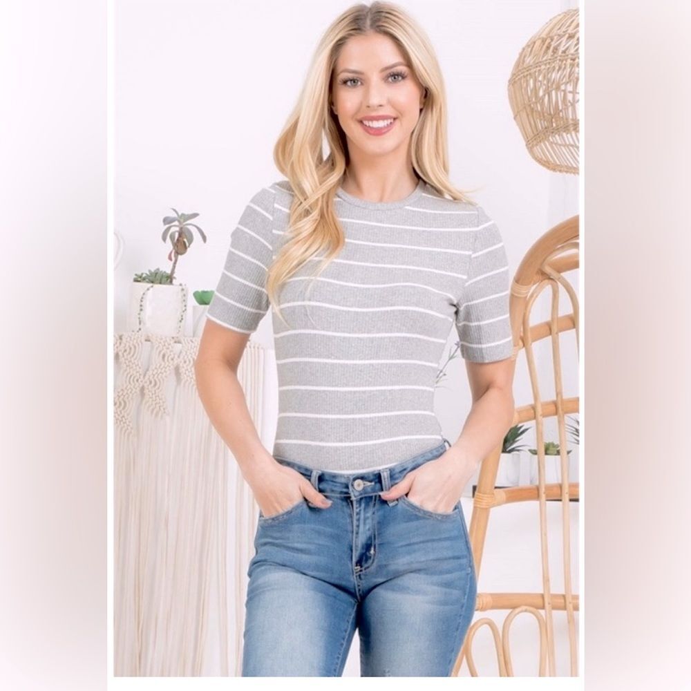 Polagram Gray and White Striped Half Sleeve Bodysuit. Size Medium.